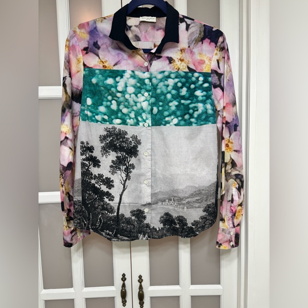 Dries Van Noten Multicolor Landscape/Floral Print Blouse Size 40 Elevated Luxury